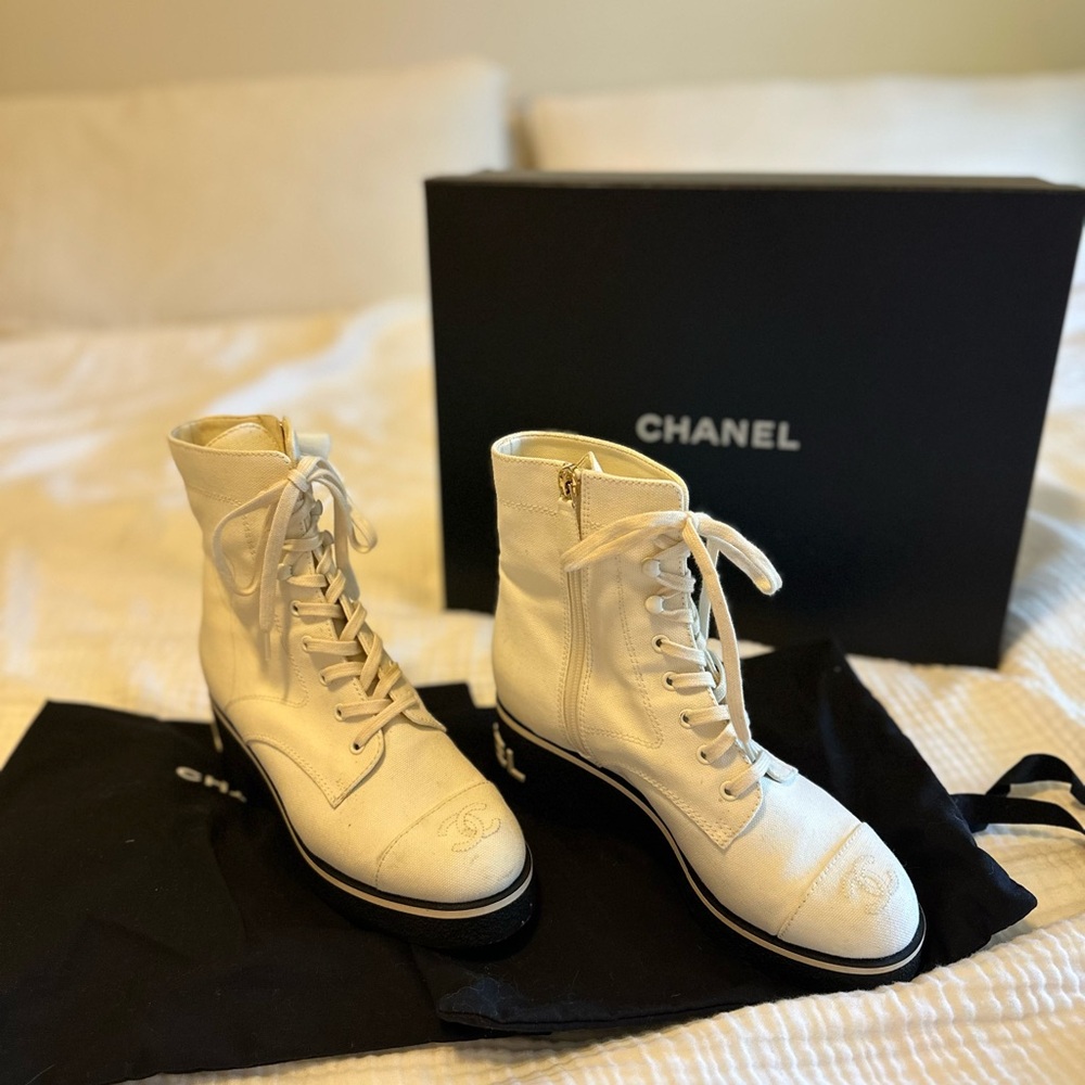 CHANEL Ivory Lace-Up Women's Boots